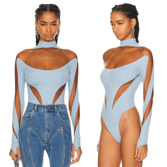 Mugler Tops - NWT Mugler Illusion Cut Bodysuit in Light Blue EU38